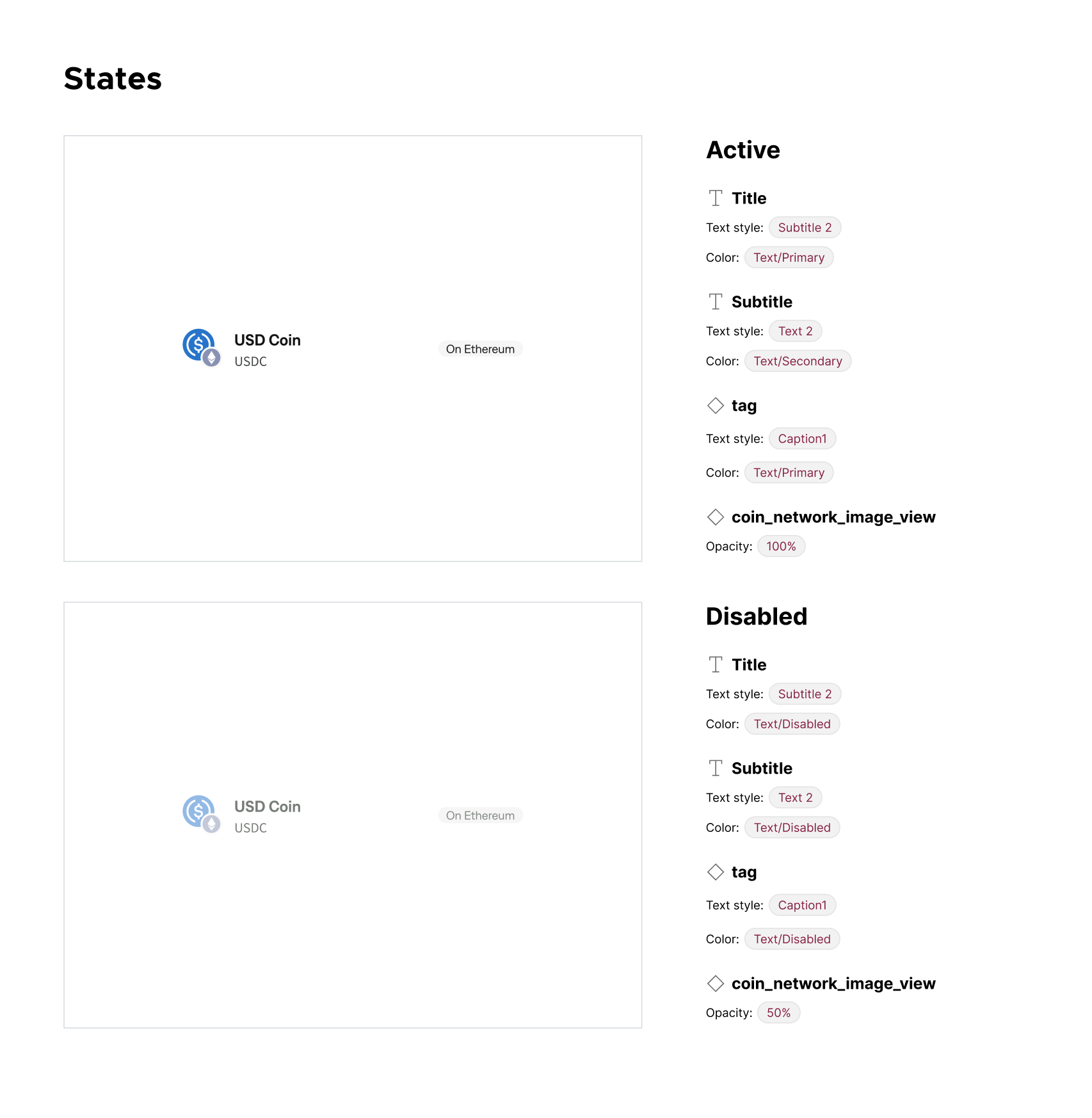 Coins and networks component states specification