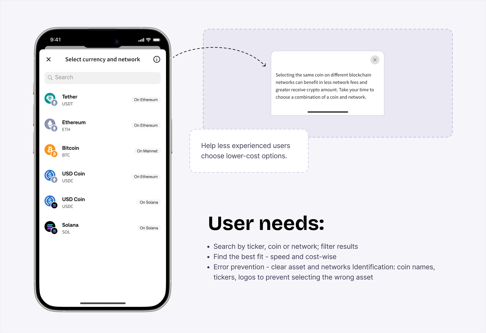 Coin and network selection and the reusable list-item component overview