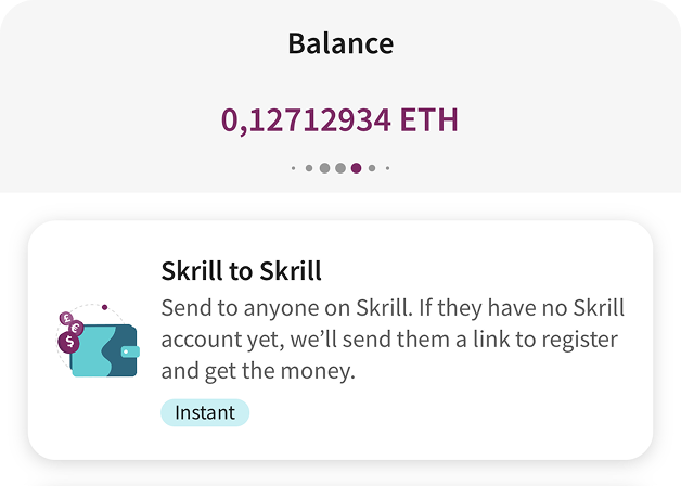 The Balance carousel showing an Ethereum balance above unrelated Skrill-to-Skrill content