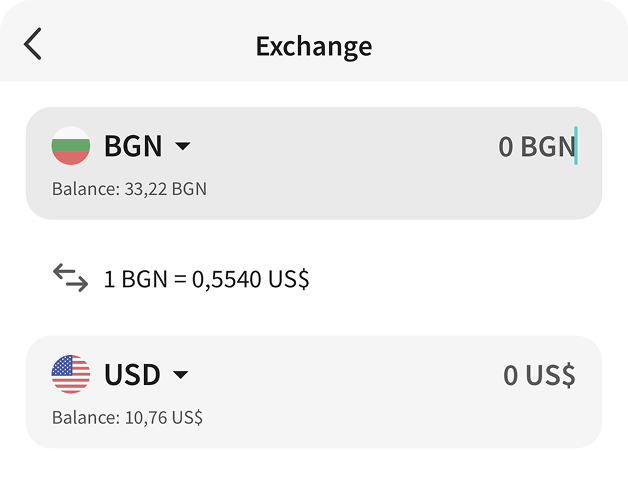 The Exchange screen converting between BGN and US dollars