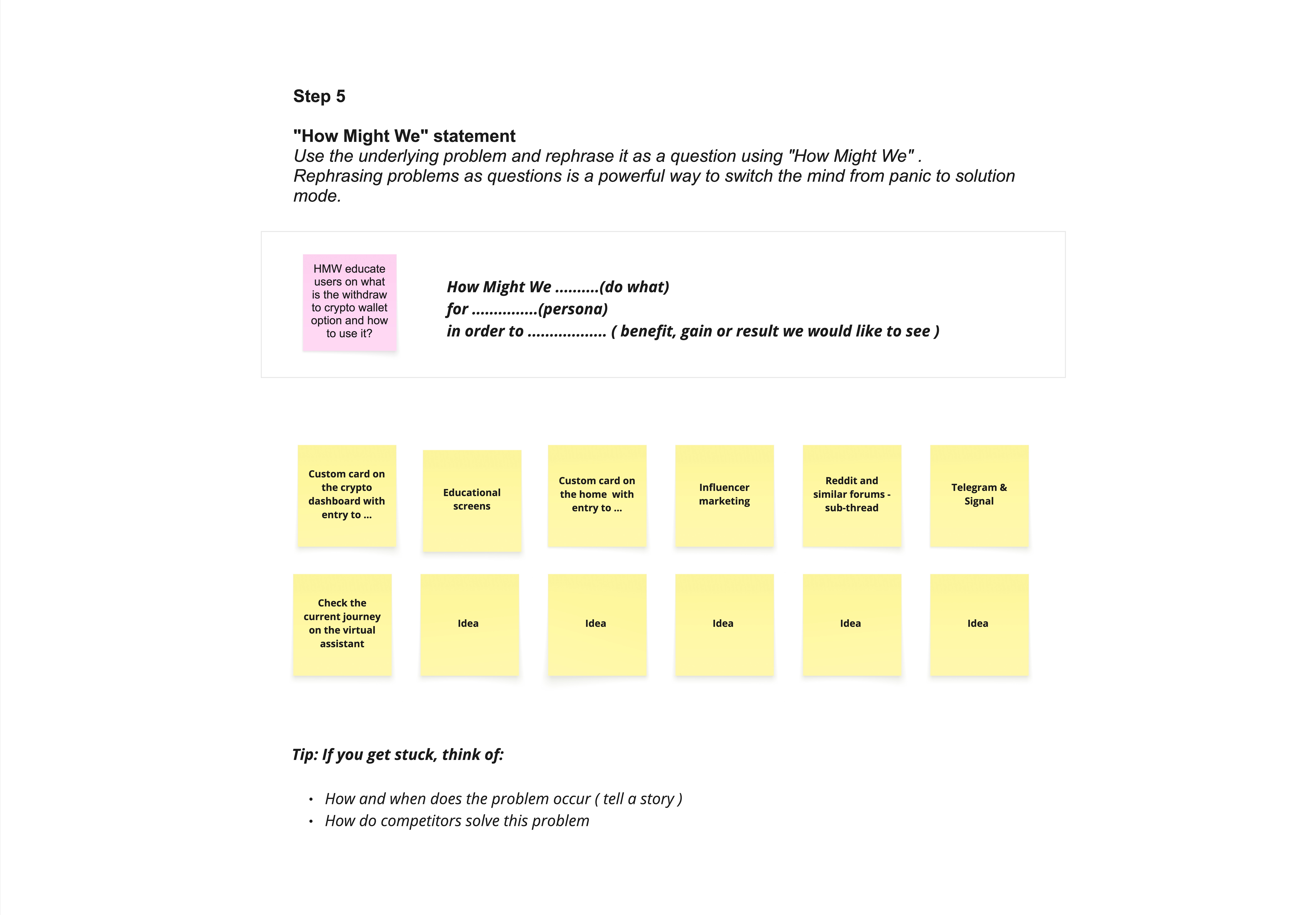 How Might We workshop prompt and ideation notes