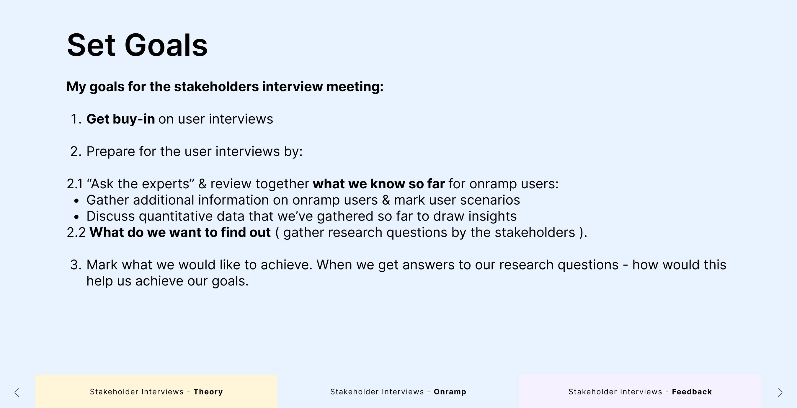 Slide: set goals – get buy-in on user interviews, prepare by reviewing what we know and gathering stakeholder research questions, and mark what we want to achieve