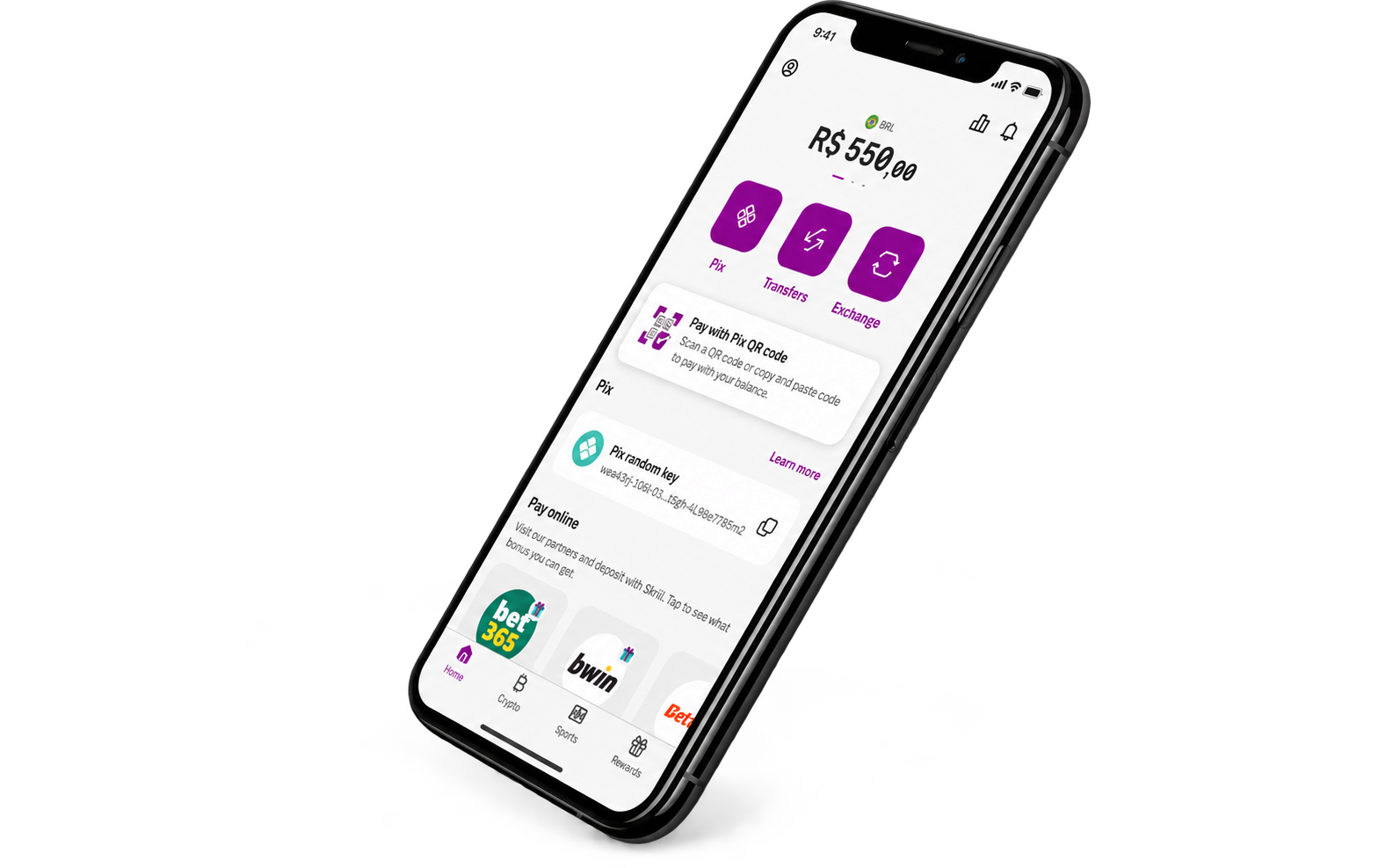 Skrill Brazil wallet showing Pix payment and key actions