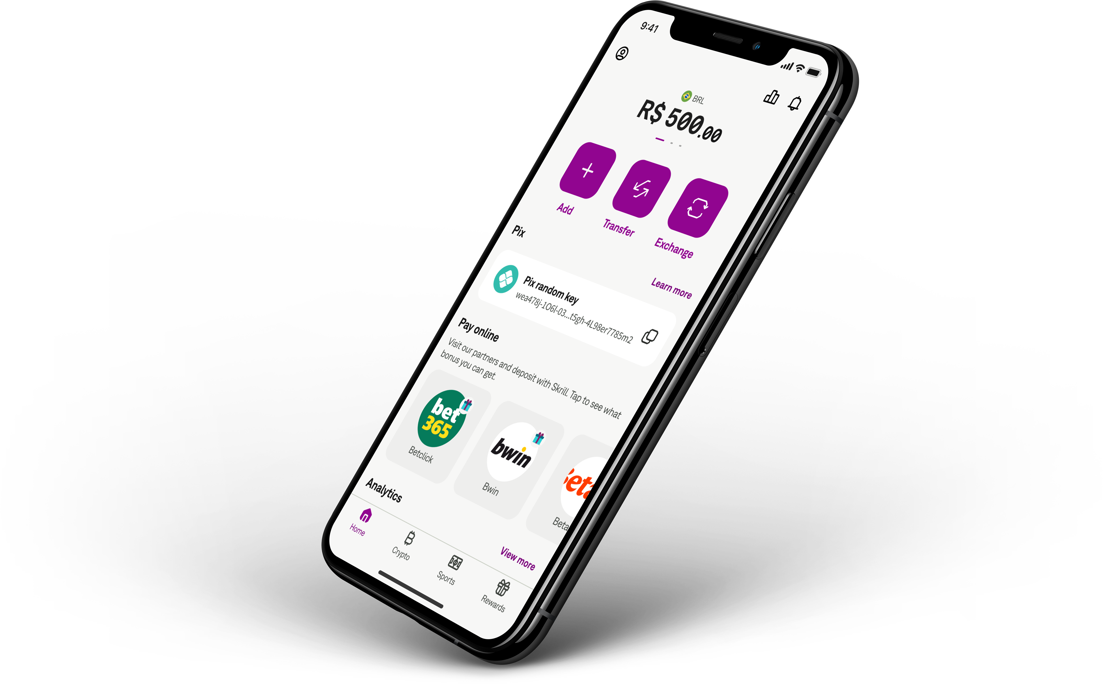 Skrill-branded Brazil wallet concept with a BRL balance and Pix key