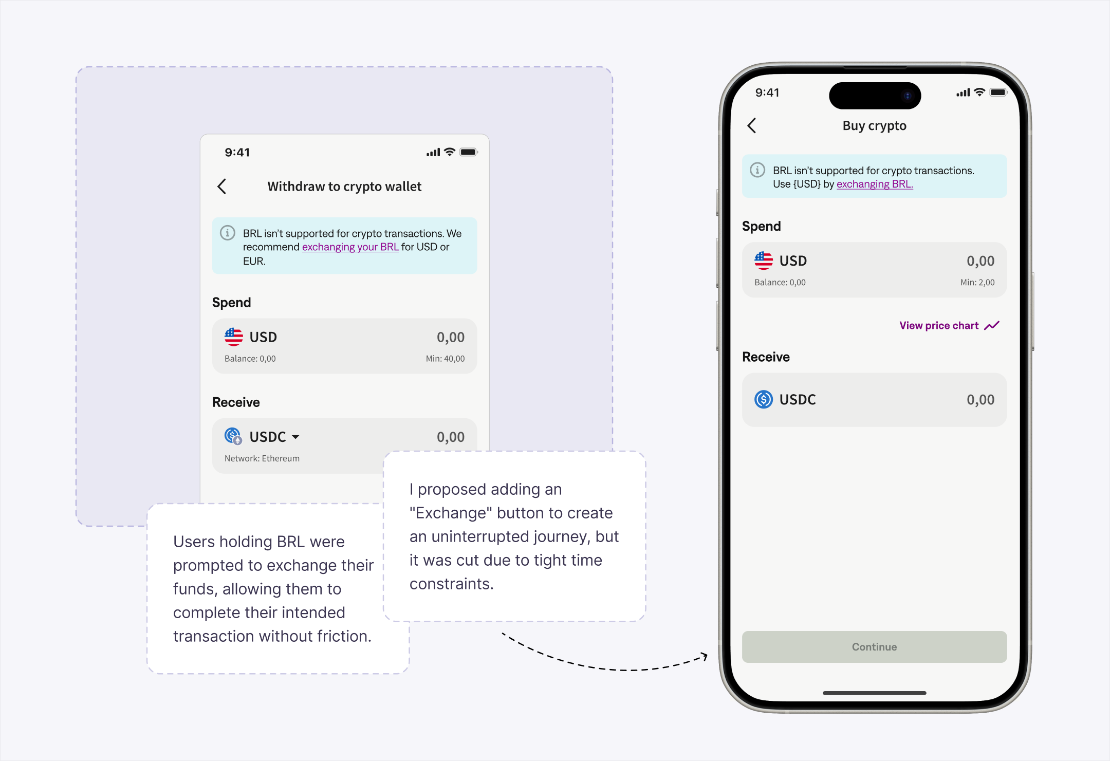 Withdraw to crypto wallet and Buy crypto amount screens warning that BRL cannot be used for crypto transactions
