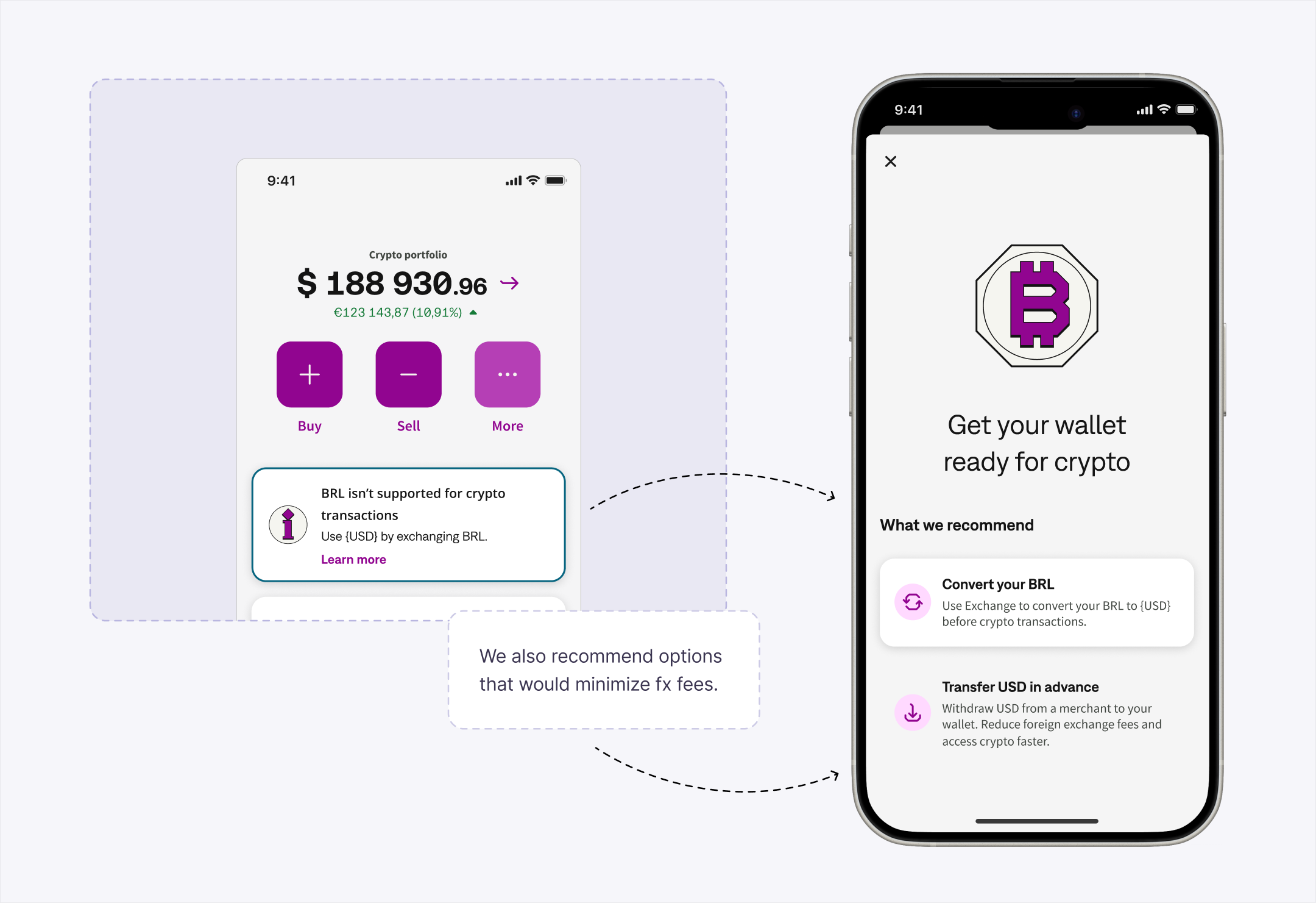 Crypto dashboard notice leading to a guide that offers BRL exchange and merchant USD transfer routes