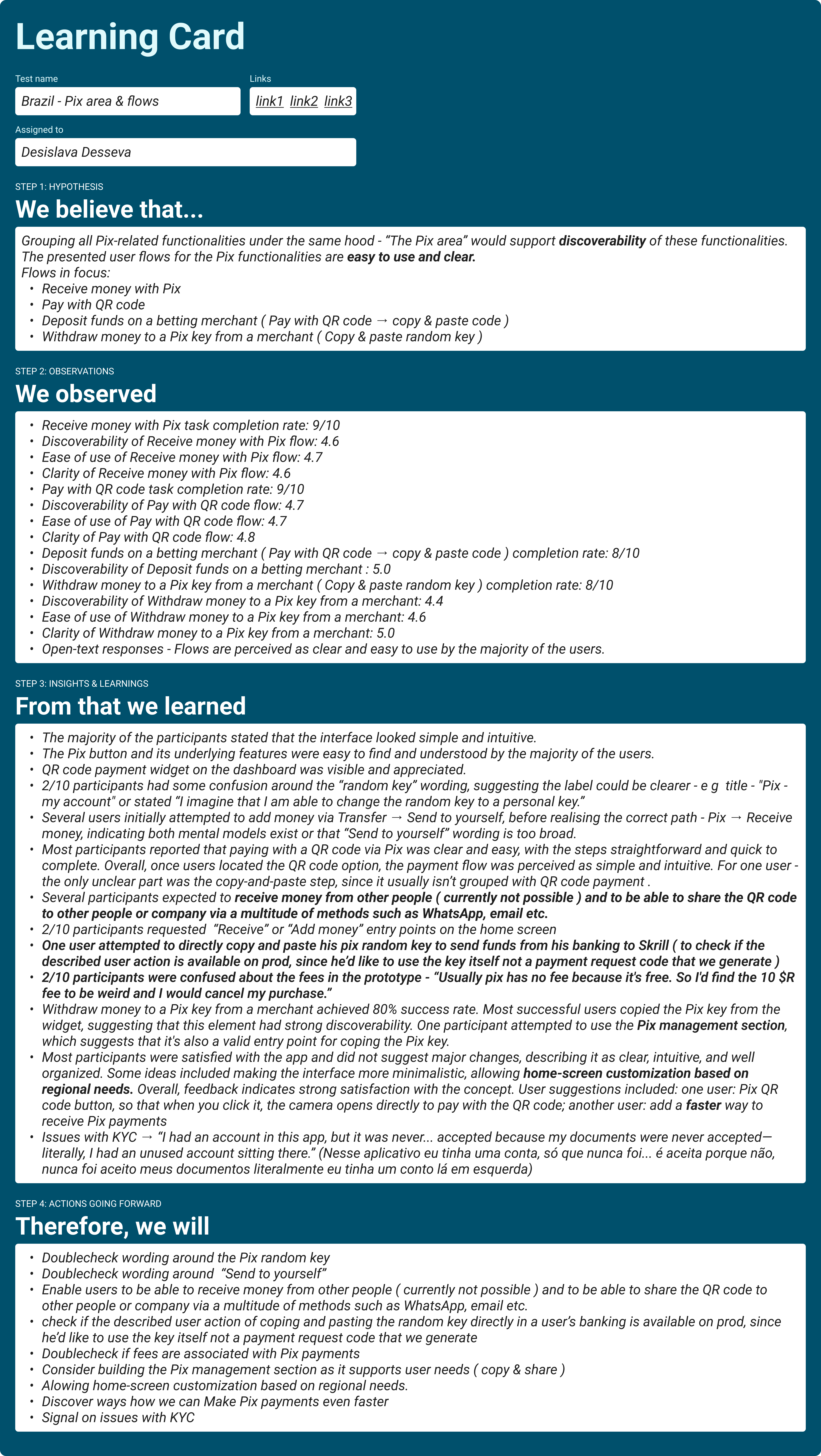 Learning card: observed completion rates and ratings, insights and next actions from the Pix area test