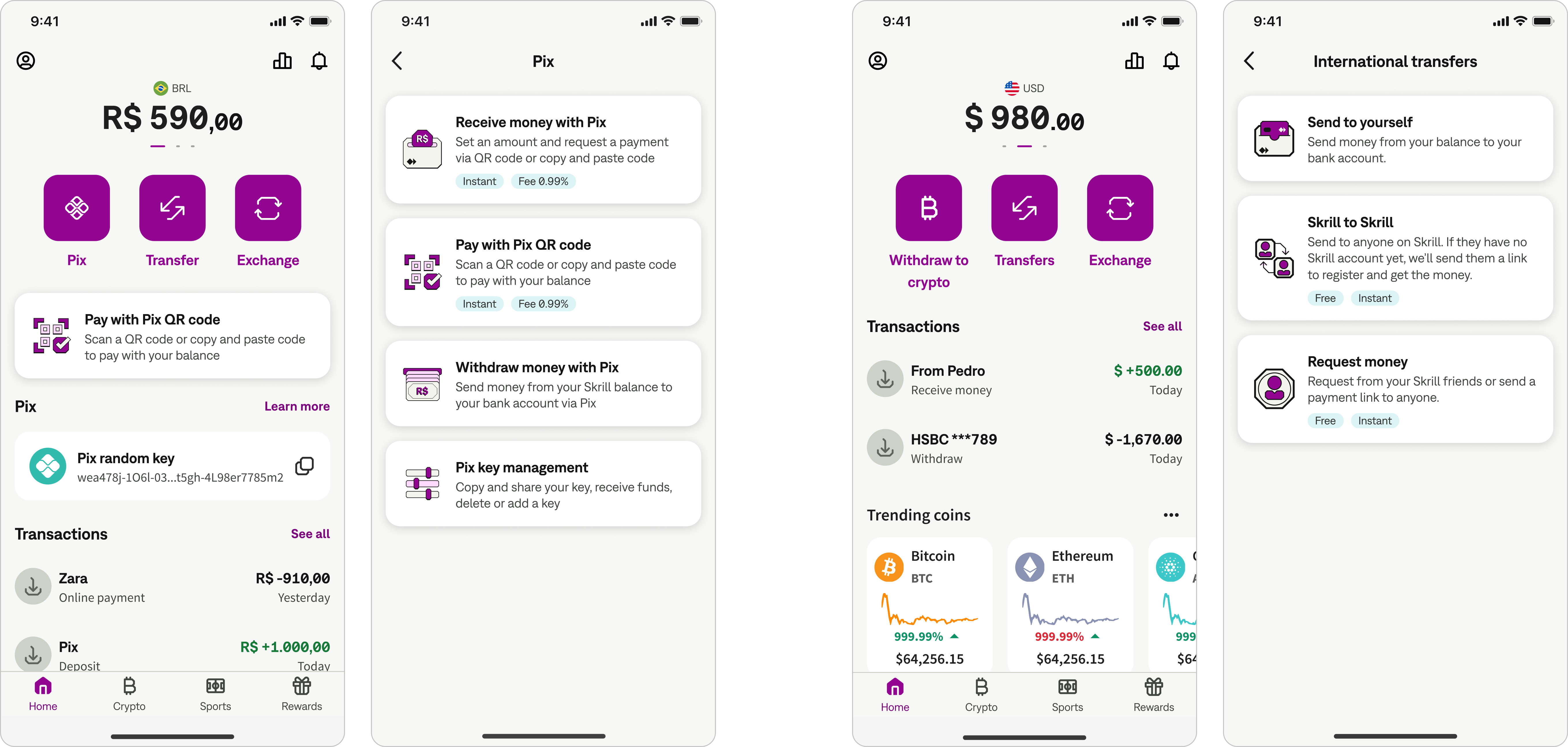 Plan A: BRL home screen and Pix area beside the USD home screen and international transfers; the visible actions change with the selected balance