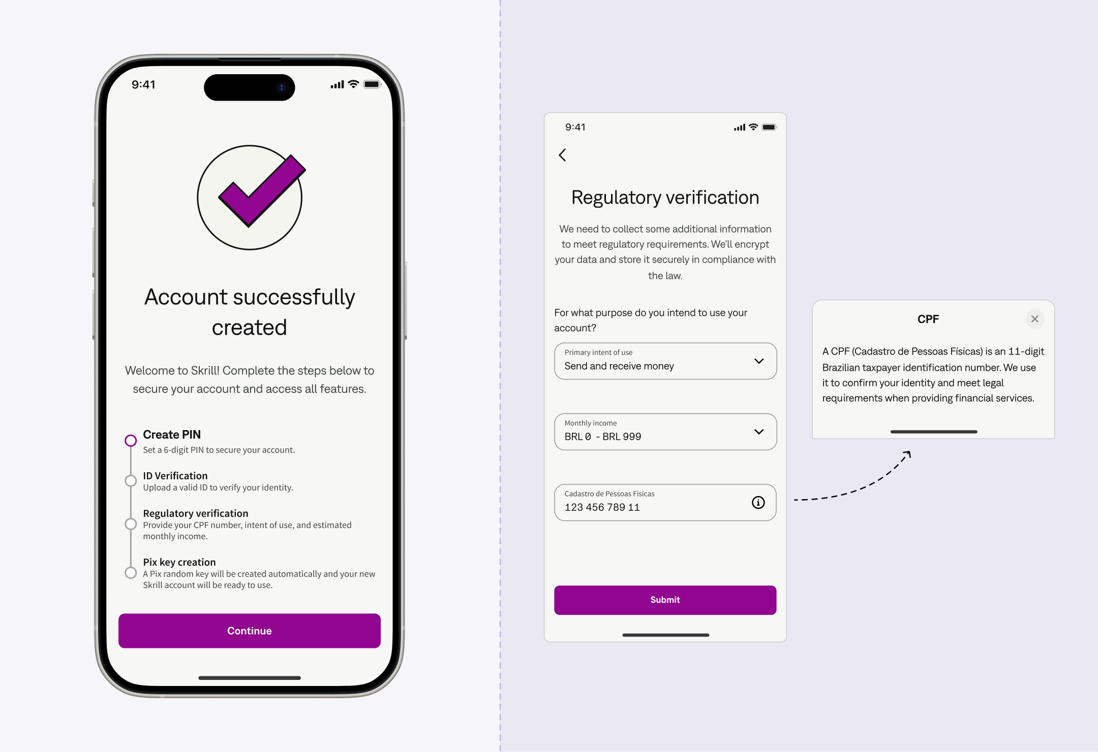 Onboarding checklist, regulatory verification form for intent of use, income and CPF, with a CPF explanation