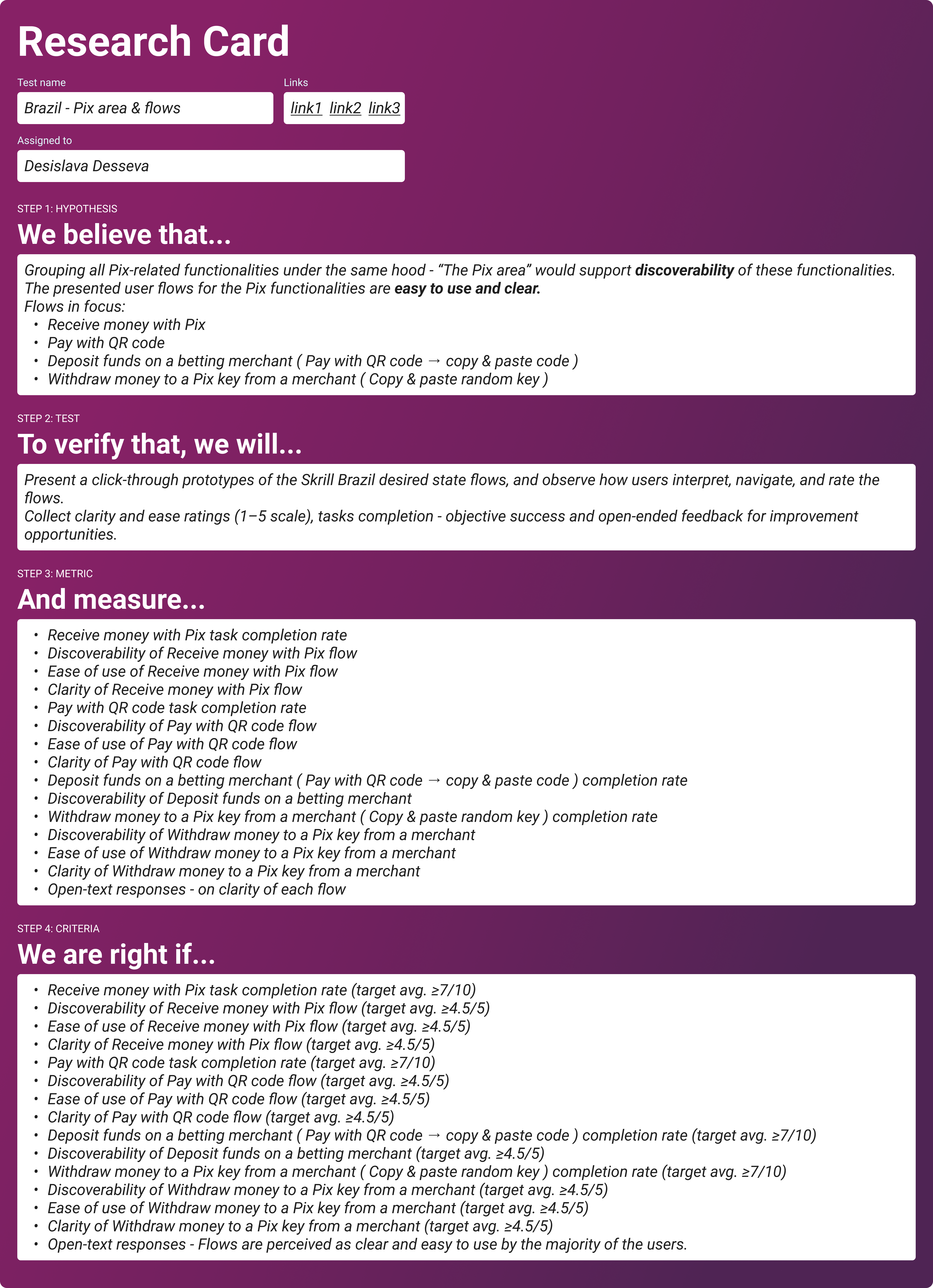 Research card: hypothesis, test, metrics and success criteria for the Pix area test