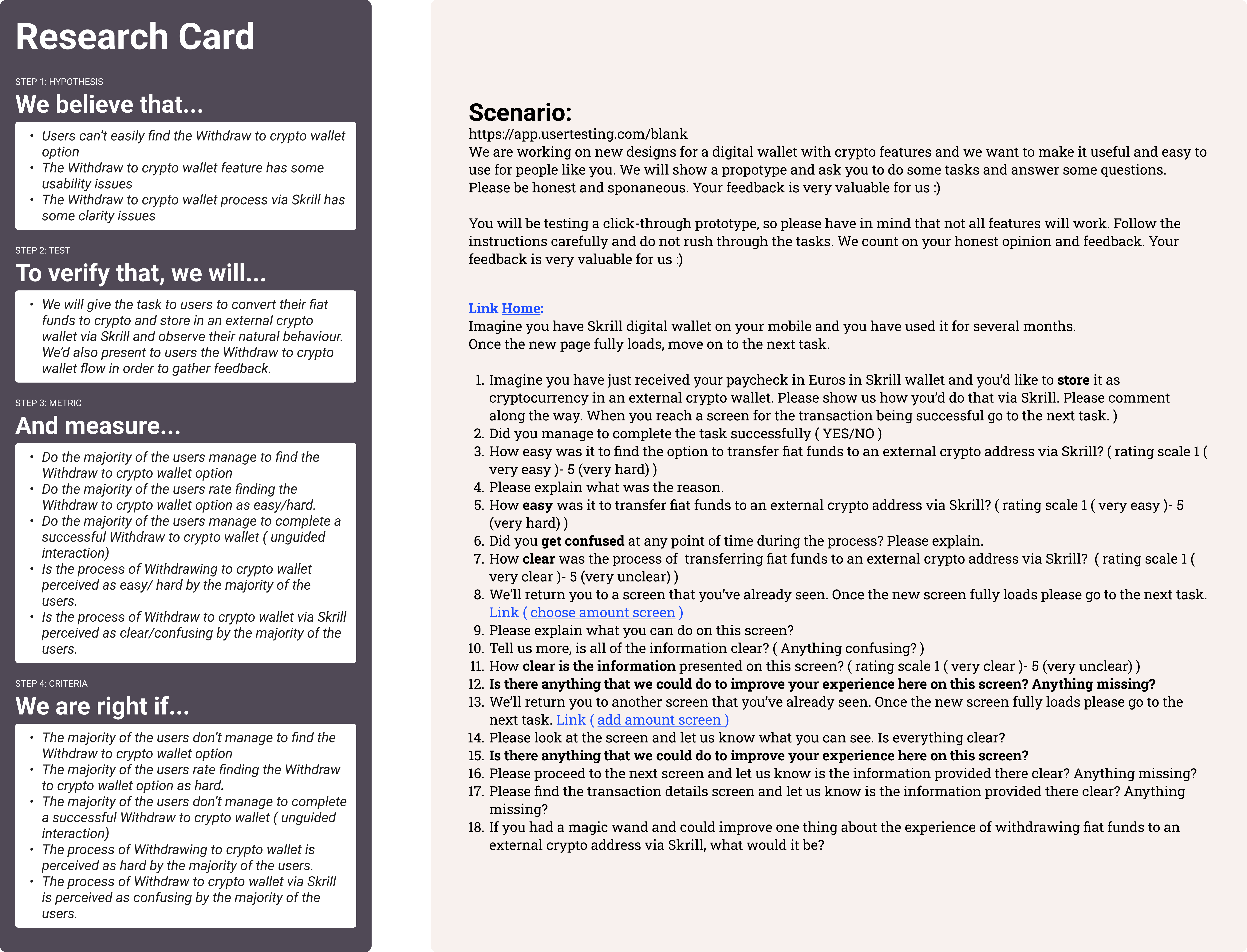 Research card and usability-testing scenario for the current withdrawal journey
