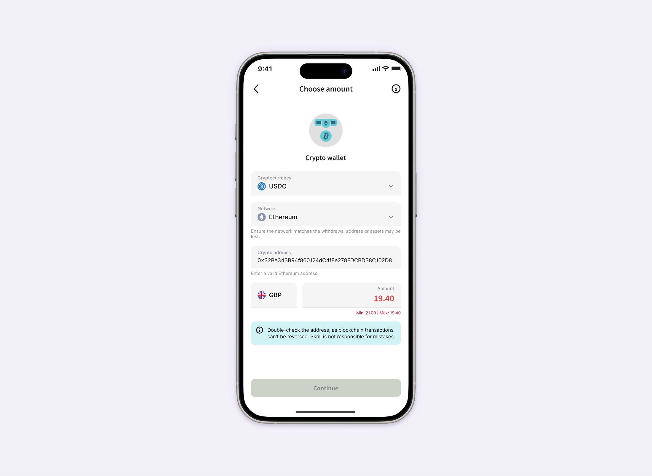 Before the redesign: a single Choose amount screen holding cryptocurrency, network, crypto address and amount together, with the amount shown out of range