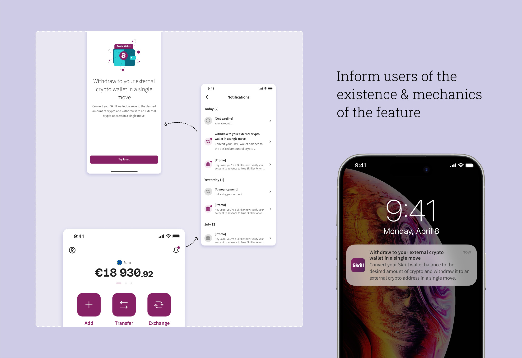 Informing users the feature exists: an onboarding screen, a notification centre entry and a push notification
