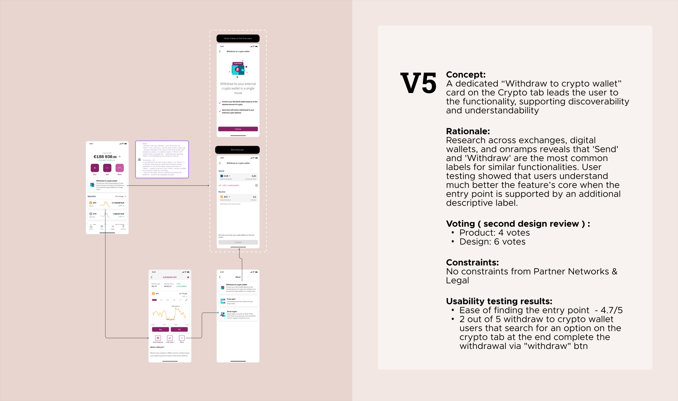 The further iteration: a descriptive card at the top of the crypto dashboard as the new entry point, shown across app and web