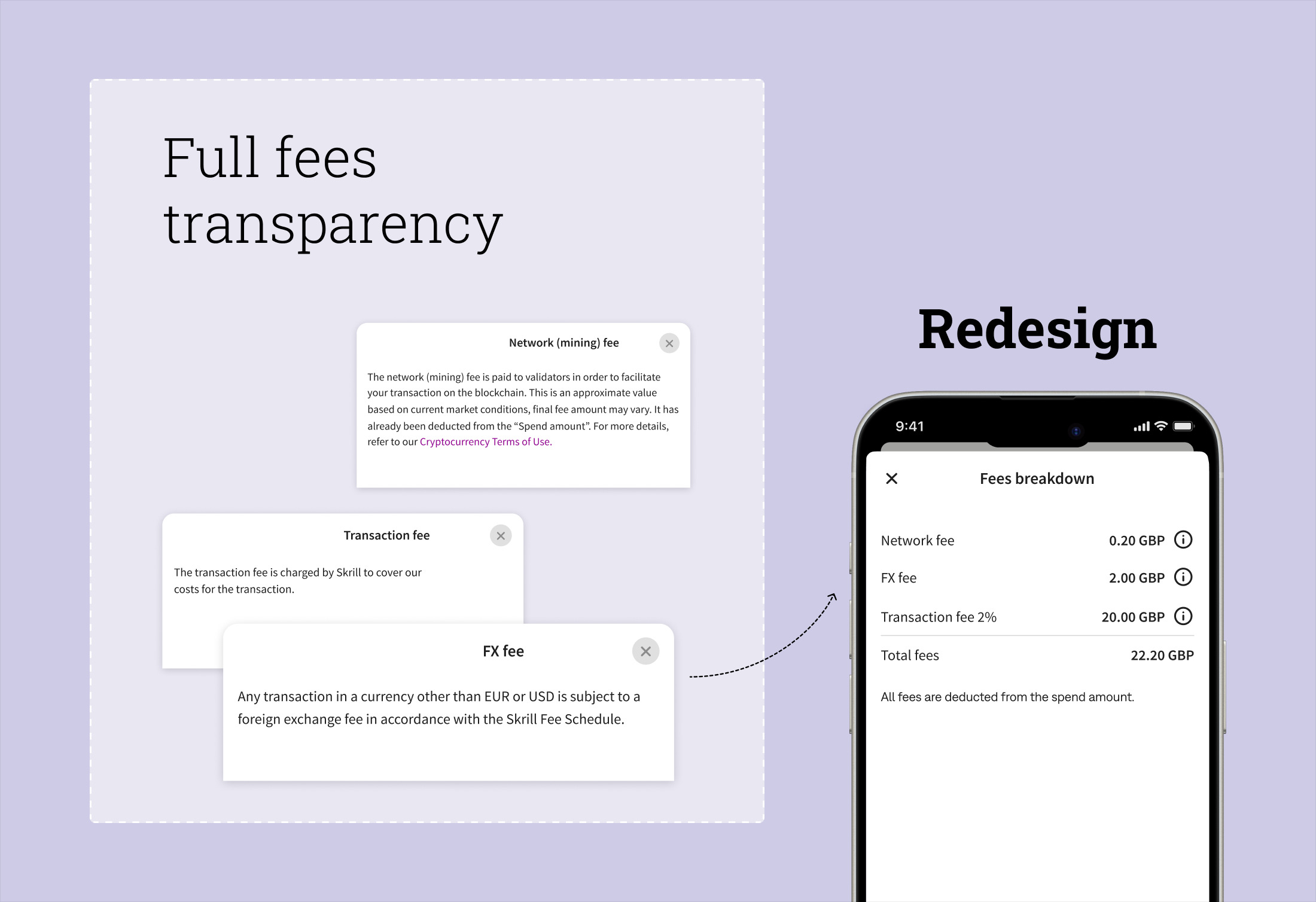 The fee breakdown in the redesigned withdraw step