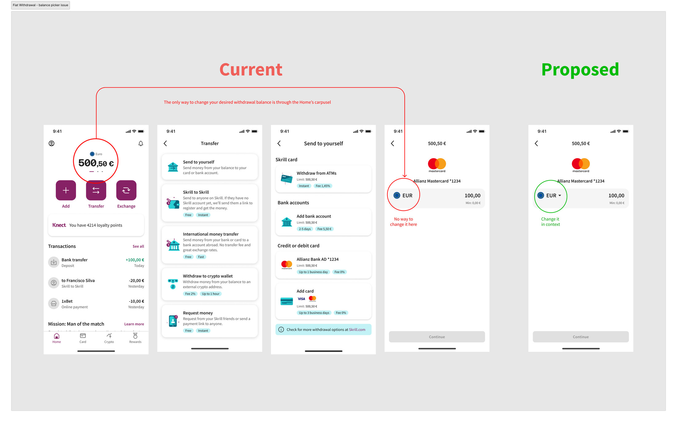 The fiat withdrawal balance picker: the current behaviour beside the proposed one