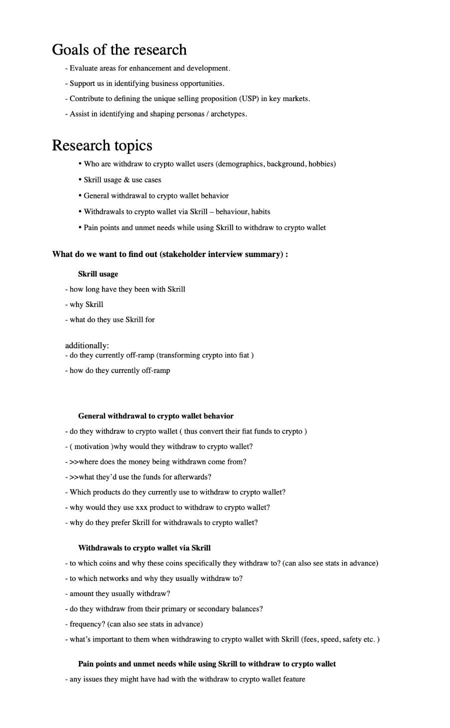 Discovery interview guide, page one: goals of the research and the research topics