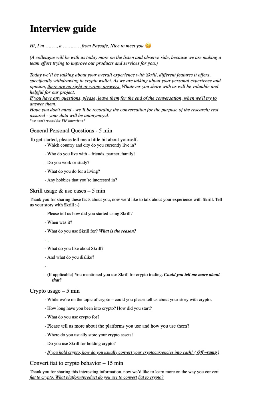 Discovery interview guide, page two: what we wanted to find out under each topic