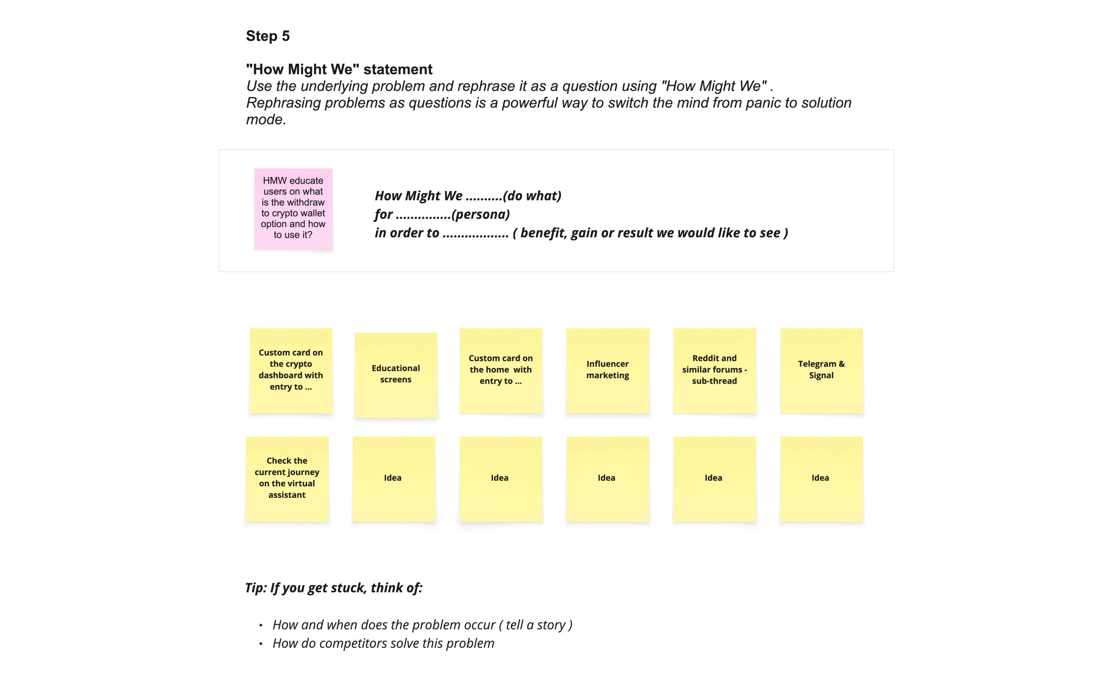 A How Might We round: the reframing template and the first ideas generated against the question