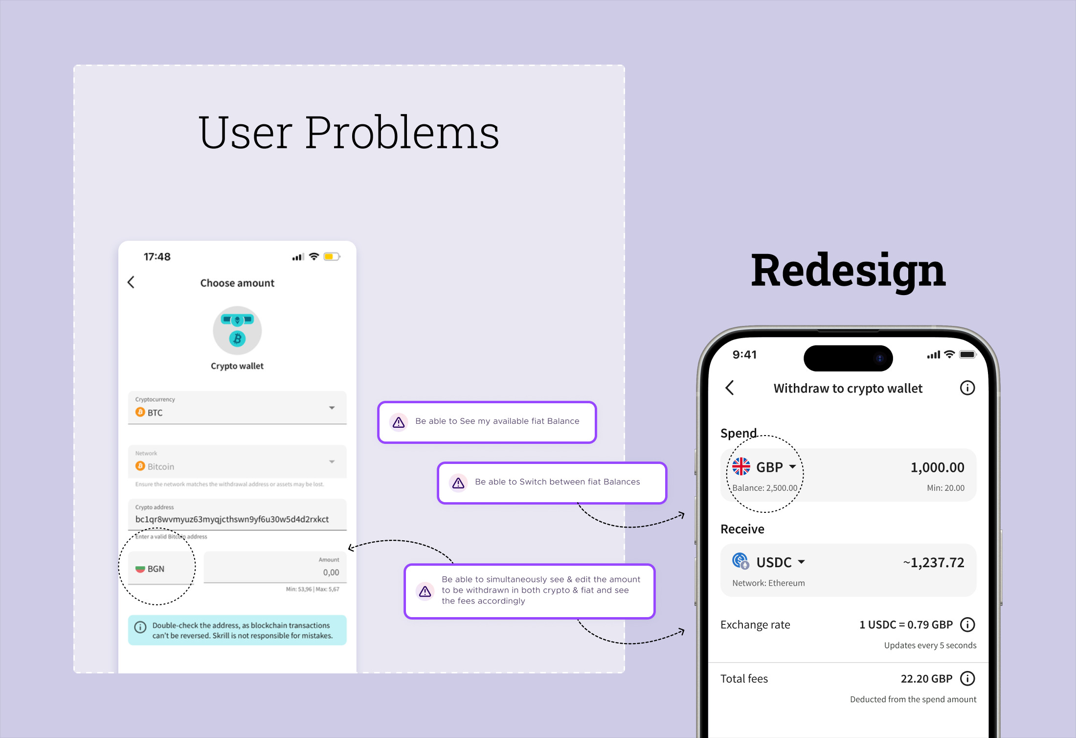 User problems and redesign: seeing the available fiat balance, switching between fiat balances, and editing the amount in both crypto and fiat