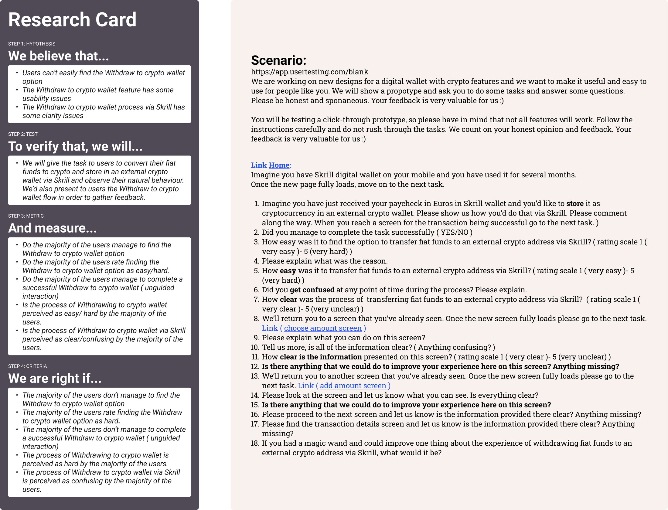 The research card and scenario board for the current-state usability test: hypotheses, tasks and the scenario each participant was given
