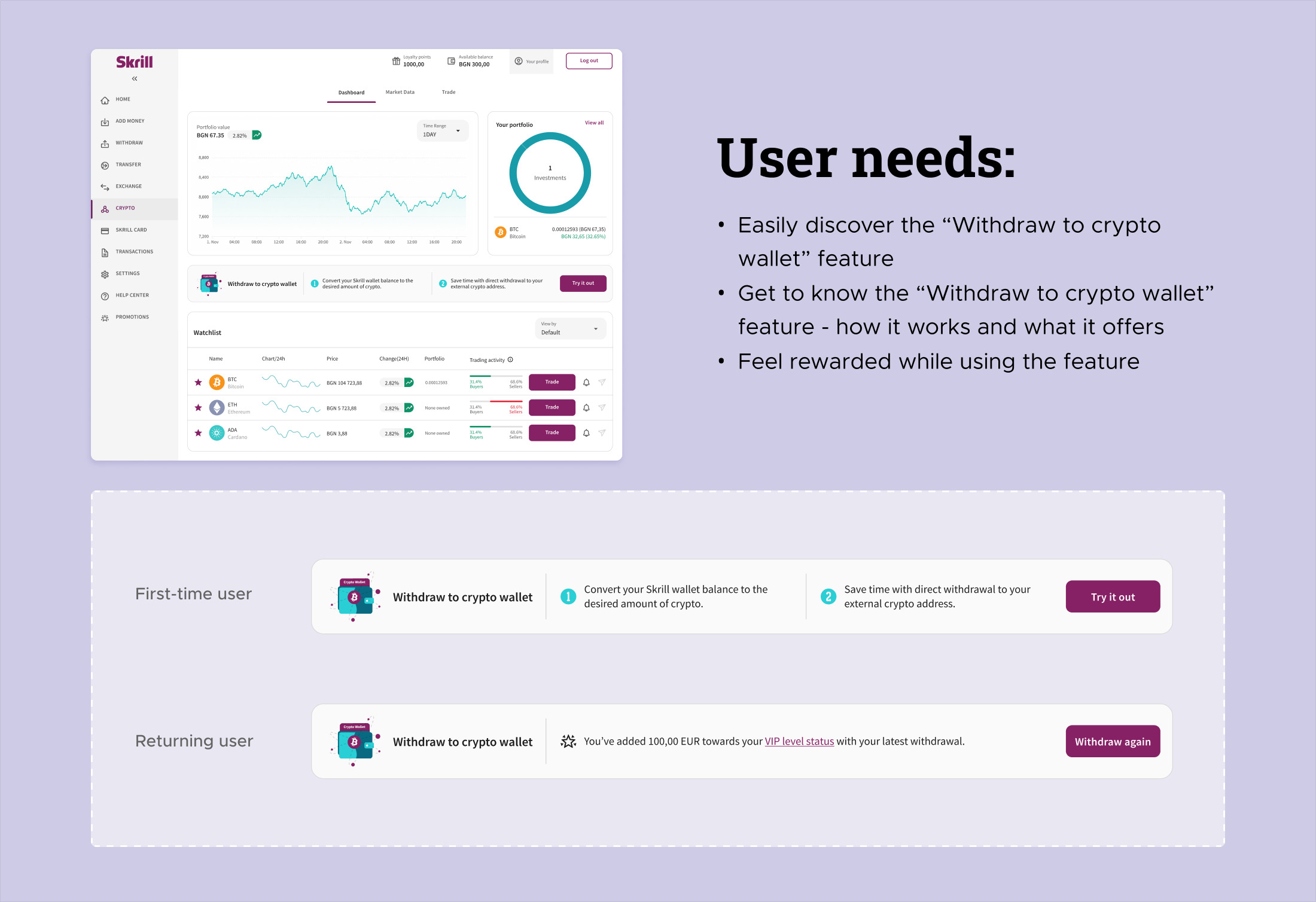 The same entry point on web: the Withdraw to crypto wallet card on the crypto dashboard, shown in its first-time-user state and its returning-user state