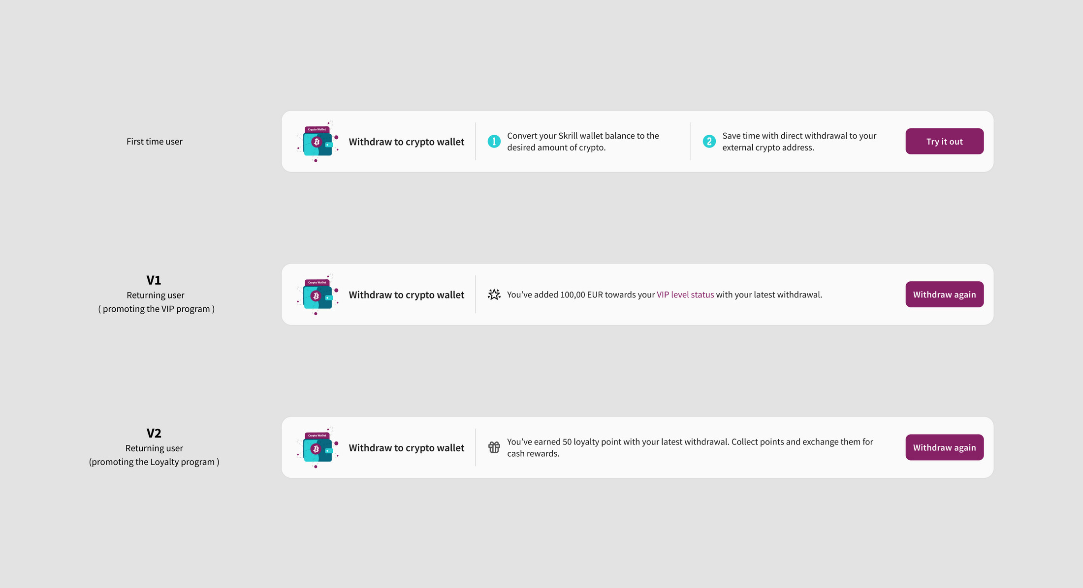 Variations explored for the entry-point card: a first-time user version and two returning-user versions promoting VIP progress and loyalty points