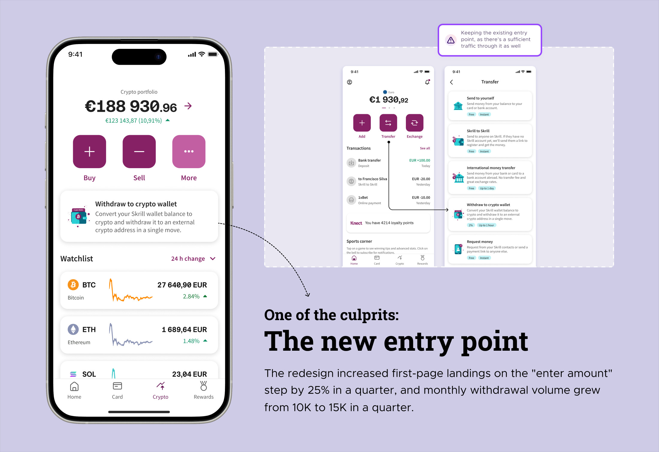 The winning solution: a descriptive Withdraw to crypto wallet card at the top of the crypto dashboard, with the existing Transfer entry point kept alongside it