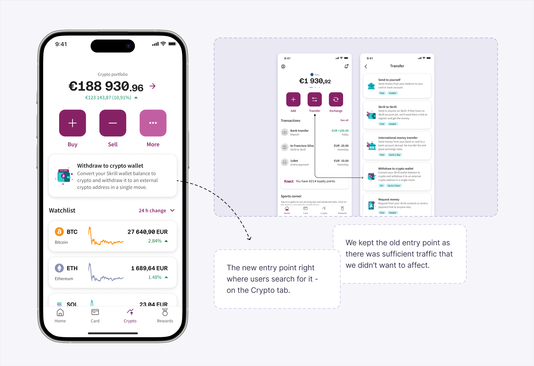 V4 winning solution showing the new descriptive entry card on the crypto dashboard and the retained route under Transfer