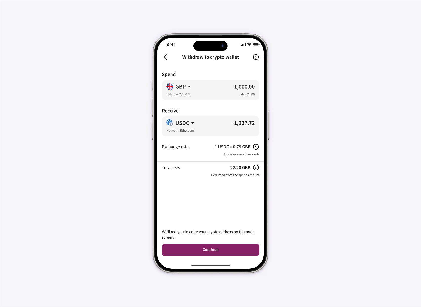 Redesigned Spend and Receive areas with balance, minimum, live rate and fees